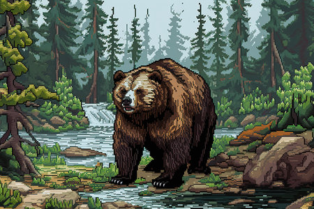 Grizzly bear in the forest. Illustration of a wild animal. pixel art 32 bitの素材