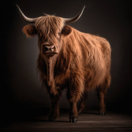 Portrait of a highland cow on a black background. Studio shot.の素材