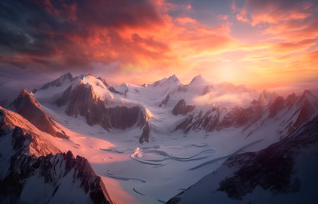 Fantastic panorama of snowy mountains at sunset. Beauty world.の素材