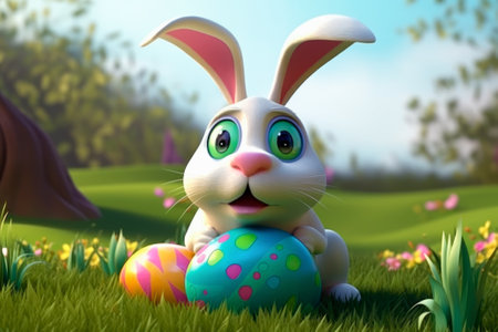Easter bunny with colorful eggs on green grass - 3D illustrationの素材
