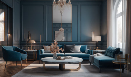 Luxury living room interior with blue furniture, 3d renderの素材