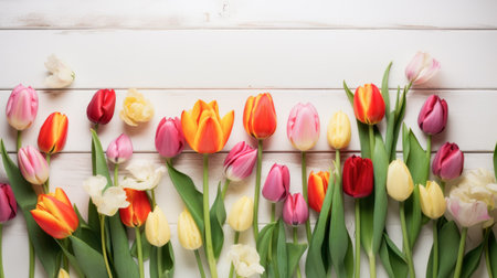 Colorful tulips on white wooden background. Top view with copy spaceの素材