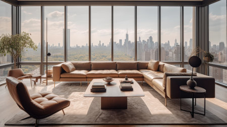 Modern living room with panoramic city view, 3d renderの素材