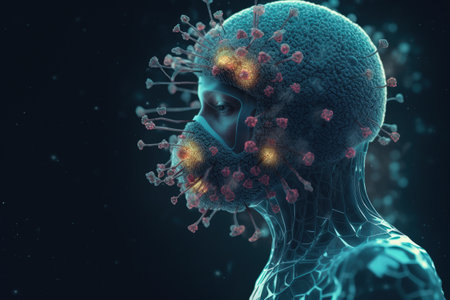 3d rendering of a virus in a human head on dark background, Routes of entry for viruses entering the throat and nose, infecting them and the brain.の素材