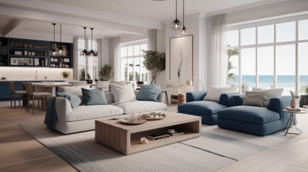 3d rendering of modern living room with sea view and blue sofaの素材