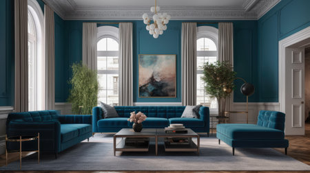 Interior of classic living room with blue sofa. 3d renderingの素材