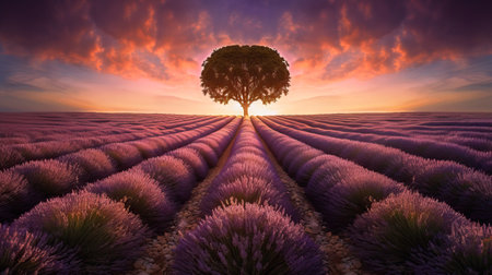 Lonely tree in lavender field at sunset. 3d renderingの素材