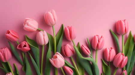 Pink tulips on pink background. Flat lay, top view, copy spaceの素材