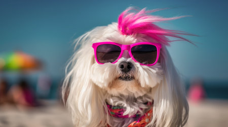 Cute Maltese dog with pink hair and sunglasses on the beach.pink crestの素材