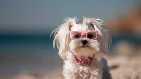 Portrait of a Maltese dog in pink sunglasses on the beachの素材