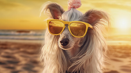 Portrait of a dog wearing sunglasses on the beach at sunset.の素材