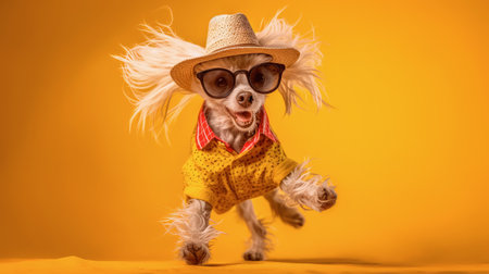 Funny dog in a summer hat and sunglasses on a yellow background.Crested dogの素材