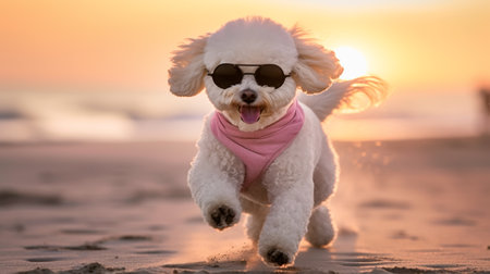 Bichon frize dog wearing sunglasses on the beach at sunsetの素材