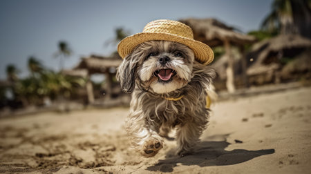 A Shih Tzu puppy wearing a straw hat on the beachの素材