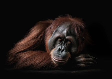 Portrait of an orangutan on a black background. Studio shot.の素材