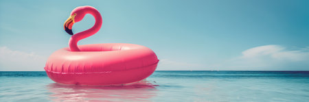 Pink inflatable flamingo float in the sea, panoramic bannerの素材