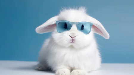 Cute white rabbit with blue sunglasses on blue background, close upの素材