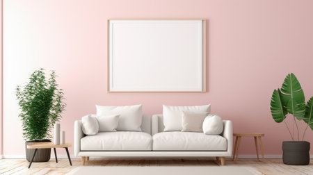 Interior of modern living room with pink walls, wooden floor, white sofa, coffee table and vertical mock up empty poster frameの素材
