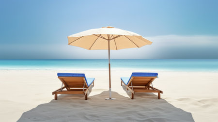two wooden sun loungers with blue cushions with yellow umbrella on the beach.の素材