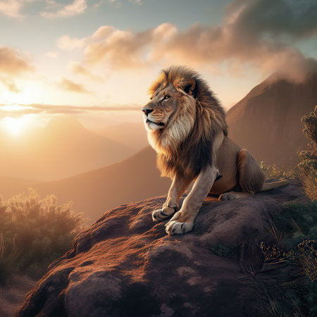 Lion sitting on a rock in the mountains at sunset.の素材