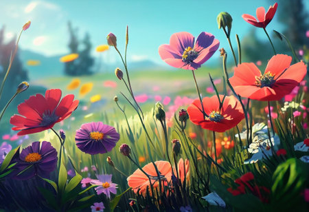 Colorful meadow with poppies and daisies.の素材