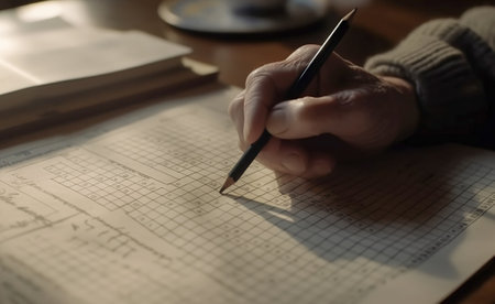 Close-up of a man's hand writing in a notebook.の素材