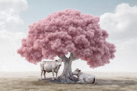 Cow and cow in the meadow with beautiful pink sakura treeの素材
