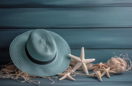 Straw hat, starfish and rope on blue wooden background.の素材