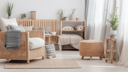 Cozy living room interior with wicker armchairs and pillowsの素材