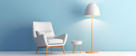 Comfortable armchair and floor lamp on blue wall.の素材