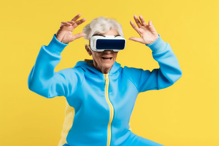 Elderly woman in sportswear,doing gymnastics,wearing virtual reality headset on yellow backgroundの素材