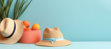 Summer holiday concept. Beach hat, tangerines and palm leaves on blue background with copy spaceの素材