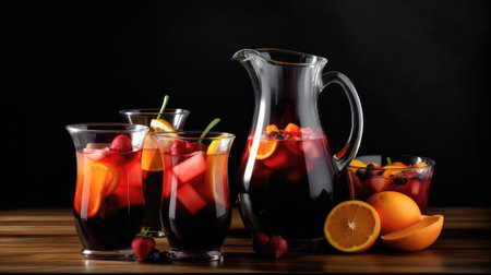 Various types of sangria in glasses on wooden table against black backgroundの素材