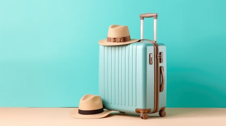 Suitcase with hat, sunglasses and suitcase on table against turquoise backgroundの素材
