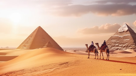 Egyptian pyramids and camels in the Sahara desert at sunset,travel conceptの素材