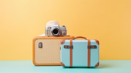 Vintage camera and travel luggage on pastel yellow and blue background.travel conceptの素材