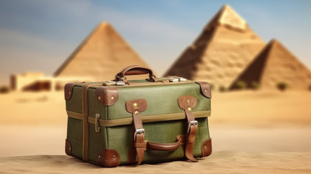 Travel suitcase in the desert with pyramids in background. 3d renderingの素材