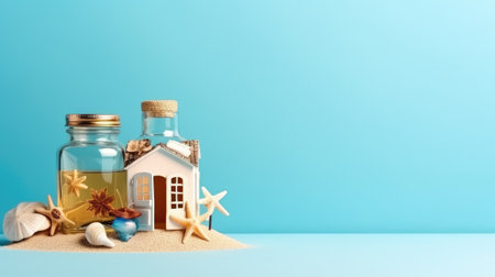 House with starfish, seashells and bottle of oil on blue backgroundの素材