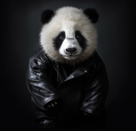Portrait of a giant panda in leather jacket on black backgroundの素材