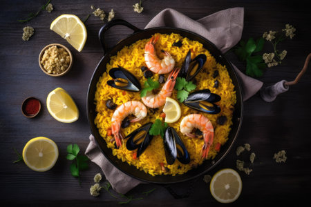 Paella with shrimps, mussels and squid. traditional spanish dishesの素材