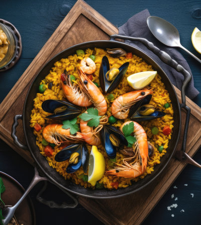 Seafood paella with prawns, mussels, squid and octopus. Seafood paella on wooden backgroundの素材