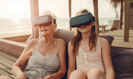 Grandmother and grandmother in VR glasses sitting on the sofa near the sea.の素材
