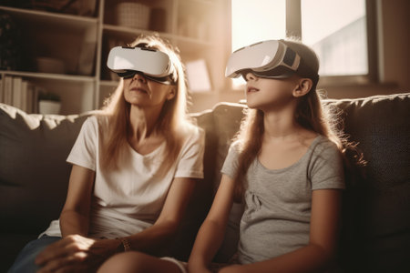 Mother and daughter in virtual reality glasses sitting on sofa at home.の素材