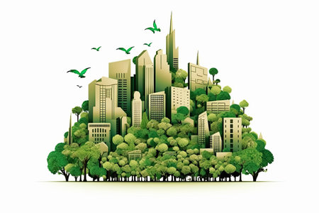 Green city with trees and birds on white background. illustration.の素材