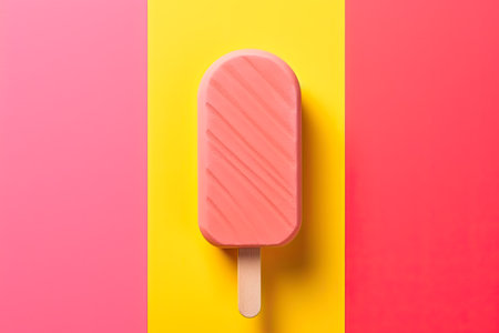 ice cream on a stick on a pink and yellow background, top viewの素材