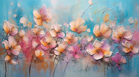 abstract painting with flowers on a wooden background, painted with gouacheの素材