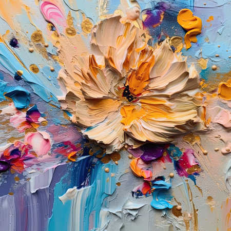 abstract background with flowers and paint splashes on a wooden surfaceの素材