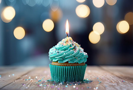 Birthday cupcake with candle on wooden table against blurred lights backgroundの素材