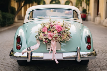 Wedding bouquet of roses and hydrangea in a retro carの素材