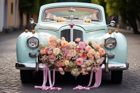 Wedding bouquet of roses and peonies, vintage carの素材